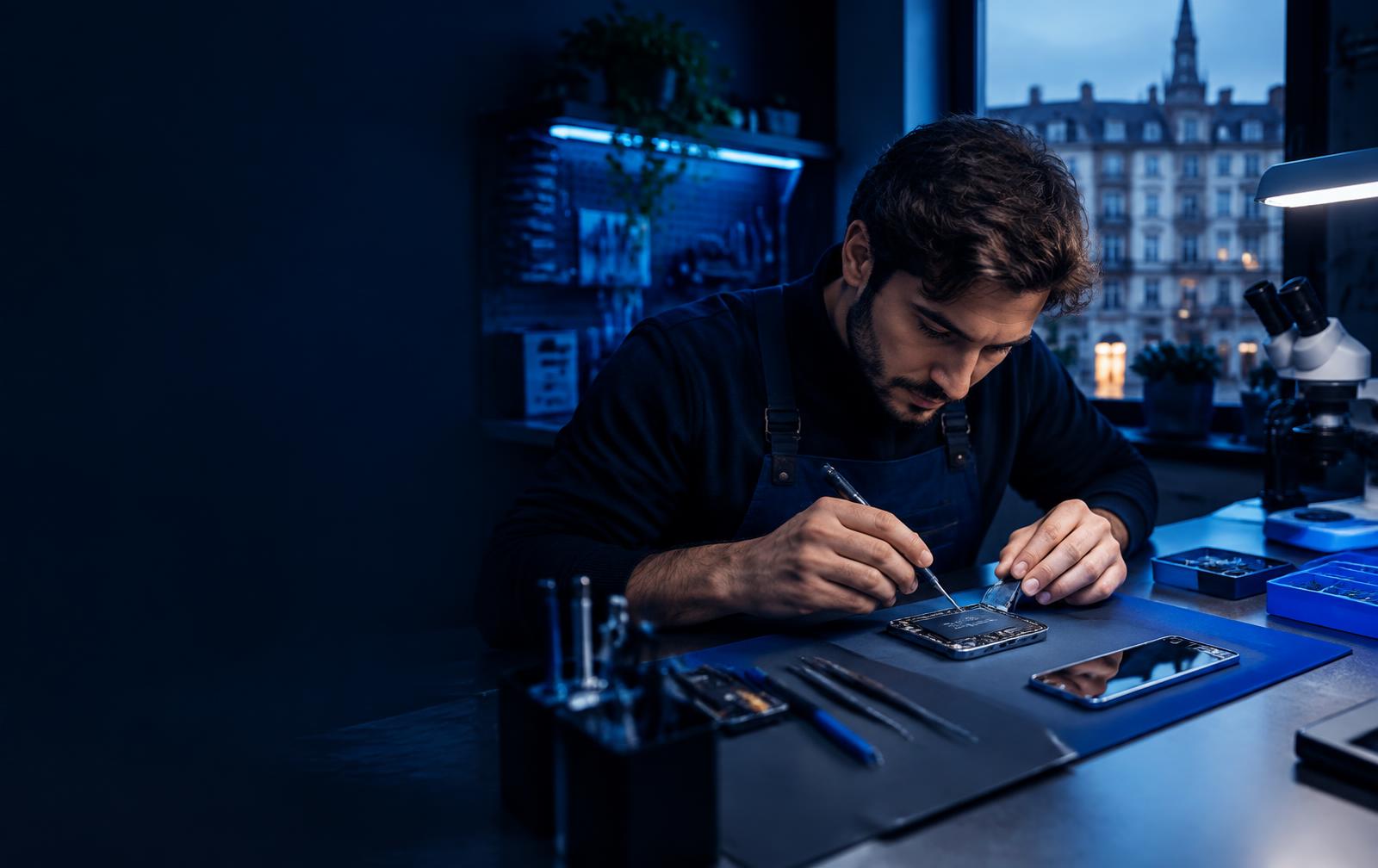 Technicien réparant un smartphone dans l'atelier TRIFIX